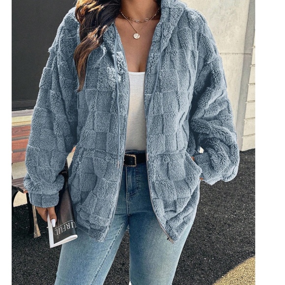 Plus Solid Dusty Blue Checkered zip up Drawstring Hoodie Jacket - Picture 1 of 10